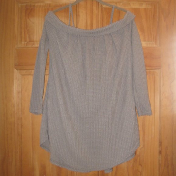 Dressfo Open Shoulder Light Khaki Crisscross Tunic Sweater - Picture 3 of 3